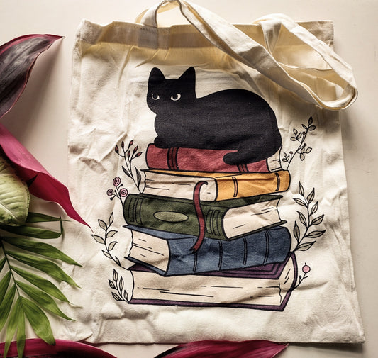 Stack Book High Black Cat Tote Bag