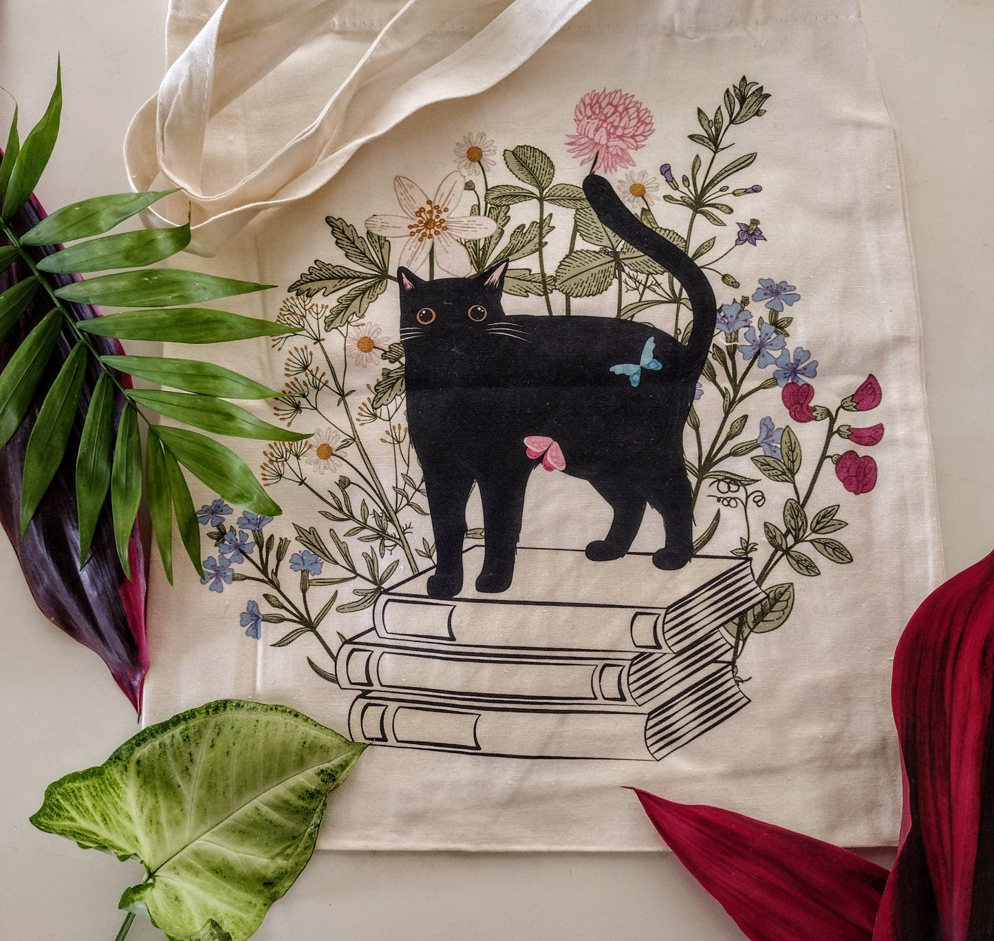 Book & Butterfly Black Cat Tote Bag